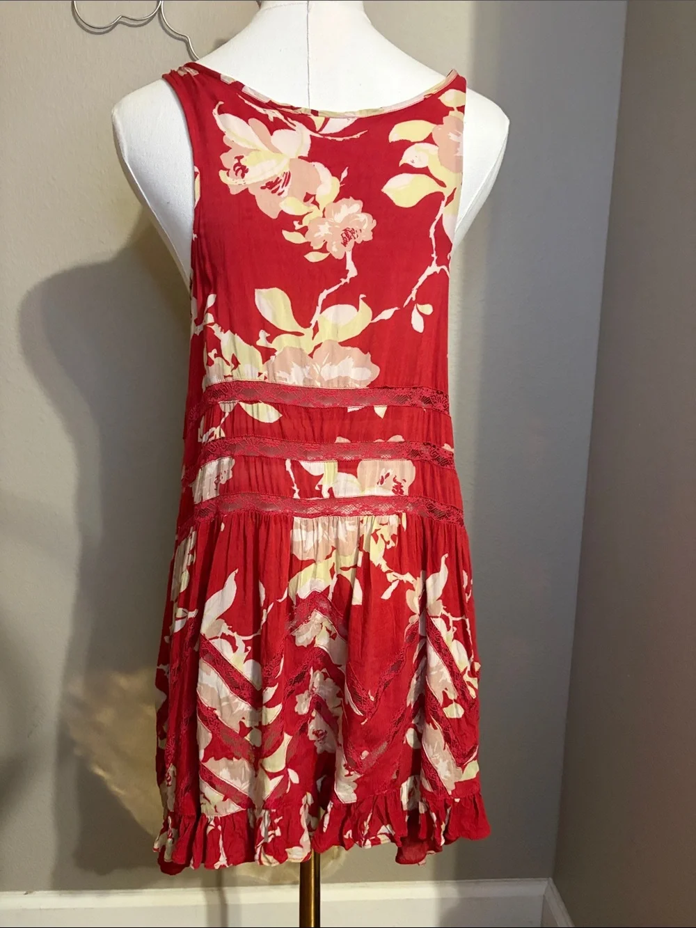 Free People Intimately She Swings Red Floral Lace Insert Mini Dress Size Small